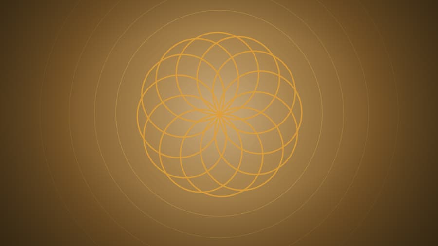 La Flor de la Vida trazada en oro sobre un fondo cálido, con anillos de frecuencia abriéndose desde el centro